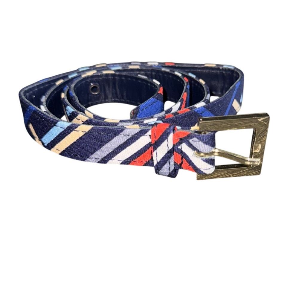 Blue Multi Color Geometric Colorful Thin Slim Womens Belt Gold Tone Buckle Sz 14 - Picture 2 of 7